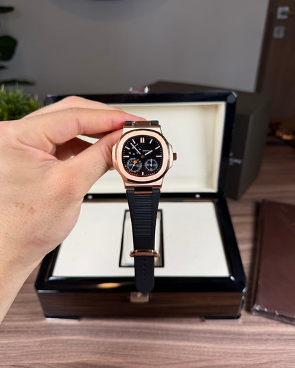 PATEK PHILIPPE NAUTILUS MOON PHASE ROSE GOLD CORREA CAUCHO