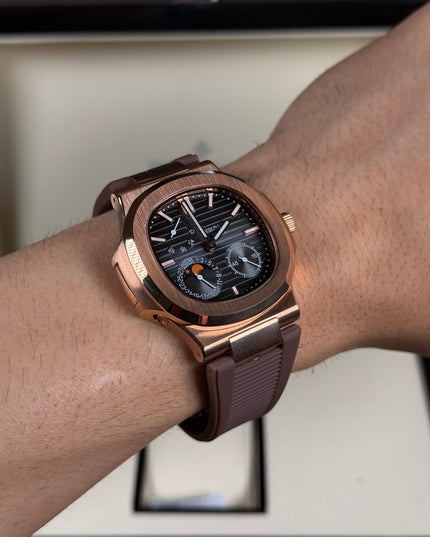 PATEK PHILIPPE NAUTILUS MOON PHASE ROSE GOLD CORREA CAUCHO CAFÉ