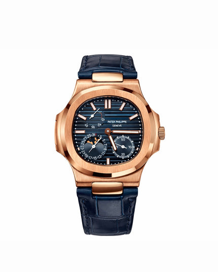 PATEK PHILIPPE NAUTILUS MOON PHASE ROSE GOLD CORREA PIEL AZUL