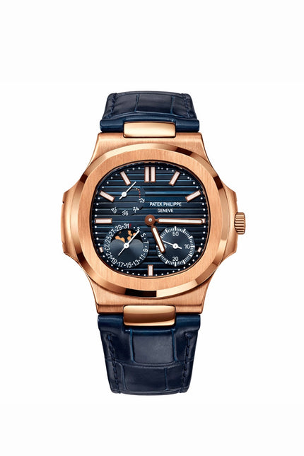 PATEK PHILIPPE NAUTILUS MOON PHASE ROSE GOLD CORREA PIEL AZUL