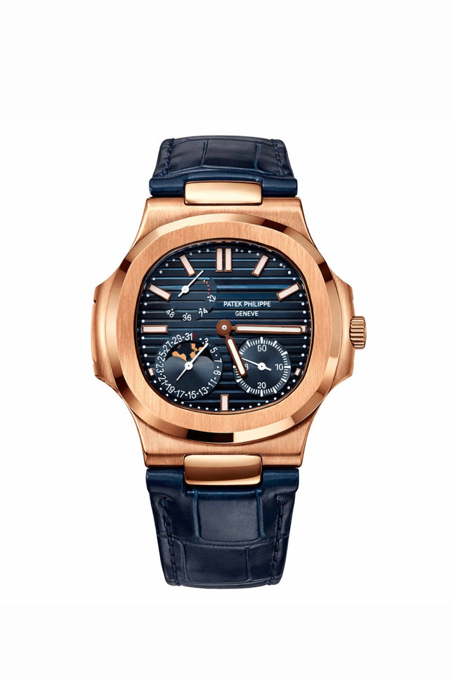PATEK PHILIPPE NAUTILUS MOON PHASE ROSE GOLD CORREA PIEL AZUL