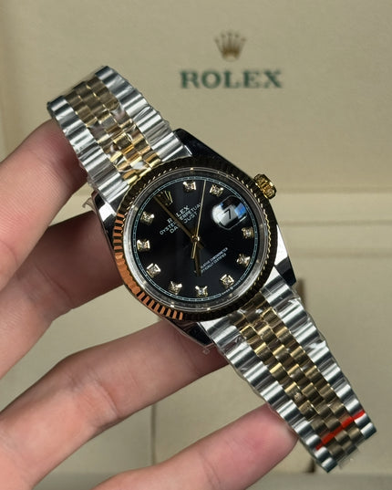 ROLEX DATEJUST DAMA 36MM SUIZO DIAMANTES DOBLE TONO FONDO NEGRO