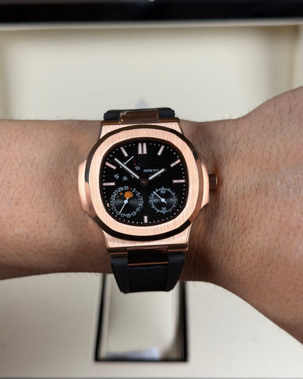 PATEK PHILIPPE NAUTILUS MOON PHASE ROSE GOLD CORREA CAUCHO