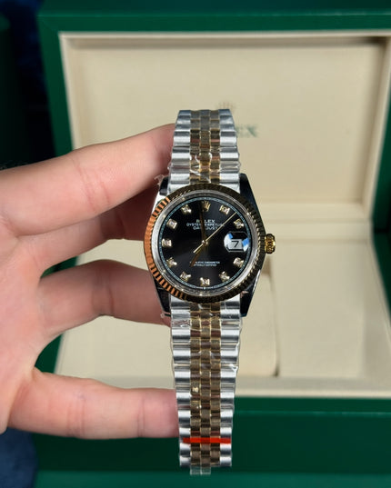ROLEX DATEJUST DAMA 36MM SUIZO DIAMANTES DOBLE TONO FONDO NEGRO