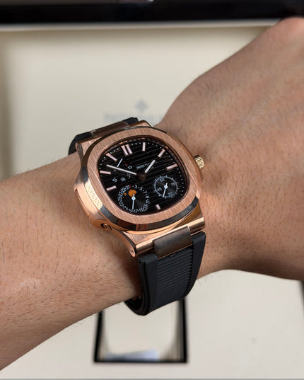 PATEK PHILIPPE NAUTILUS MOON PHASE ROSE GOLD CORREA CAUCHO
