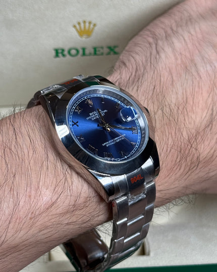 ROLEX DATEJUST PLATEADO - FONDO AZUL ROMANO  OYSTER