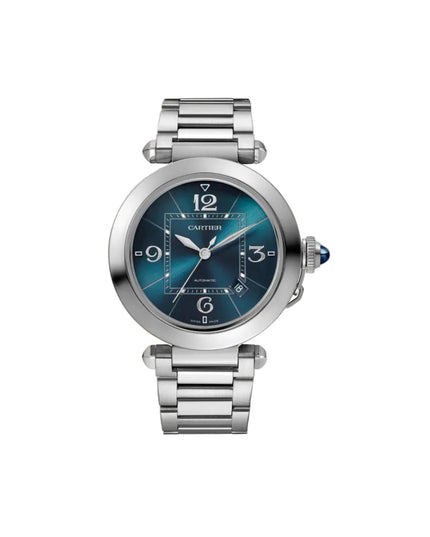 CARTIER PASHA PLATEADO FONDO AZUL