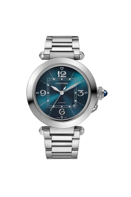 CARTIER PASHA PLATEADO FONDO AZUL