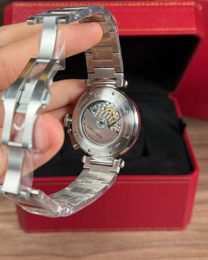 CARTIER PASHA PLATEADO FONDO AZUL