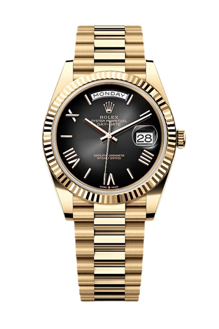 ROLEX DAY DATE II 41mm - BLACK ROMAN DIAL & BEZEM, YELLOW GOLD PRESIDENT BRAZALET