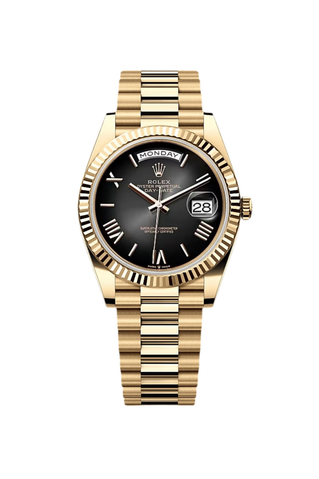 ROLEX DAY DATE II 41mm - BLACK ROMAN DIAL & BEZEM, YELLOW GOLD PRESIDENT BRAZALET
