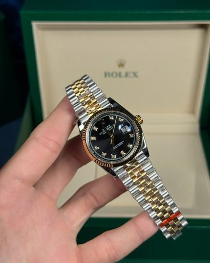 ROLEX DATEJUST DAMA 36MM SUIZO DIAMANTES DOBLE TONO FONDO NEGRO