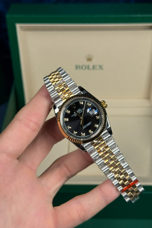 ROLEX DATEJUST DAMA 36MM SUIZO DIAMANTES DOBLE TONO FONDO NEGRO