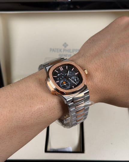 PATEK PHILIPPE NAUTILUS MOON PHASE ROSE GOLD BLACK DIAL