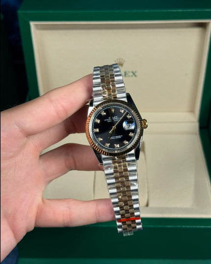 ROLEX DATEJUST DAMA 36MM SUIZO DIAMANTES DOBLE TONO FONDO NEGRO