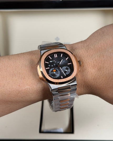 PATEK PHILIPPE NAUTILUS MOON PHASE ROSE GOLD BLACK DIAL
