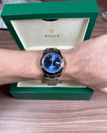 ROLEX DATEJUST PLATEADO - FONDO AZUL ROMANO  OYSTER