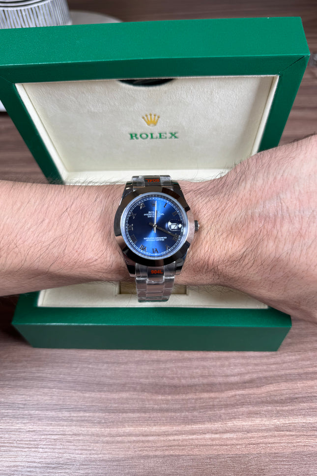 ROLEX DATEJUST PLATEADO - FONDO AZUL ROMANO  OYSTER