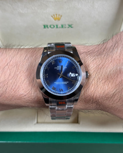 ROLEX DATEJUST PLATEADO - FONDO AZUL ROMANO  OYSTER