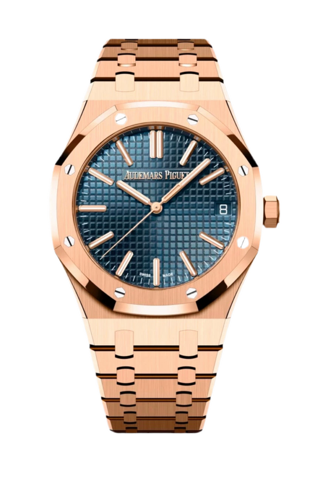 AUDEMARS PIGUET ROYAL OAK SUIZO - ROSE GOLD FONDO AZUL