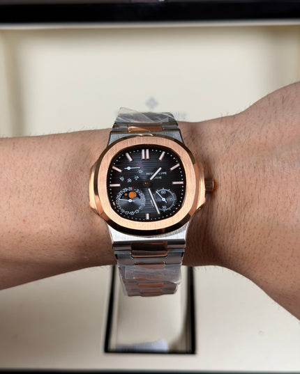 PATEK PHILIPPE NAUTILUS MOON PHASE ROSE GOLD BLACK DIAL