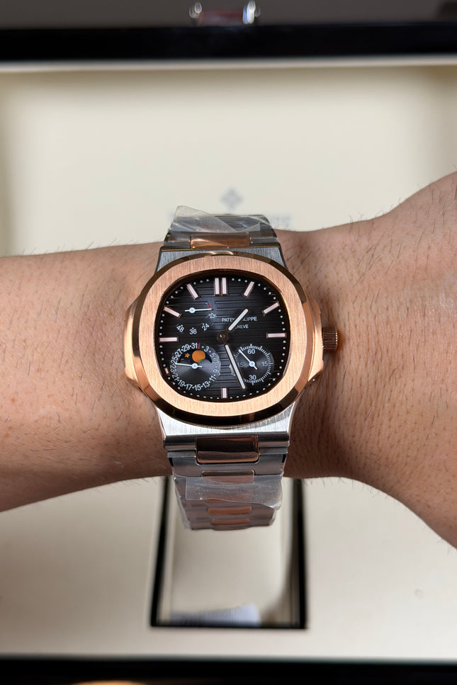 PATEK PHILIPPE NAUTILUS MOON PHASE ROSE GOLD BLACK DIAL