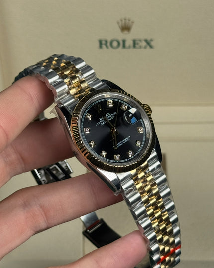 ROLEX DATEJUST DAMA 36MM SUIZO DIAMANTES DOBLE TONO FONDO NEGRO