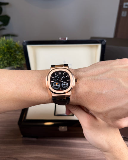 PATEK PHILIPPE NAUTILUS MOON PHASE ROSE GOLD CORREA CUERO
