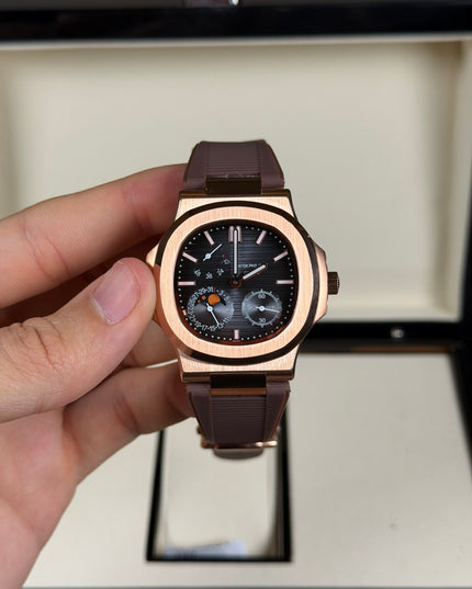 PATEK PHILIPPE NAUTILUS MOON PHASE ROSE GOLD CORREA CAUCHO CAFÉ