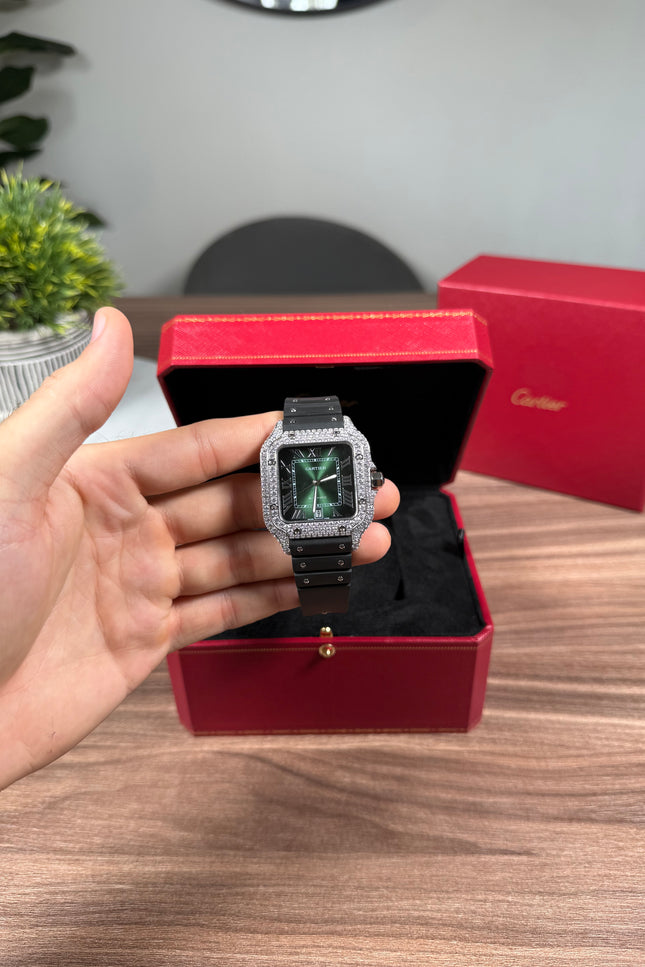 CARTIER SANTOS FULL ICE CAUCHO FONDO VERDE SUIZO