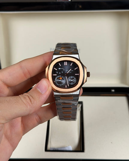 PATEK PHILIPPE NAUTILUS MOON PHASE ROSE GOLD BLACK DIAL