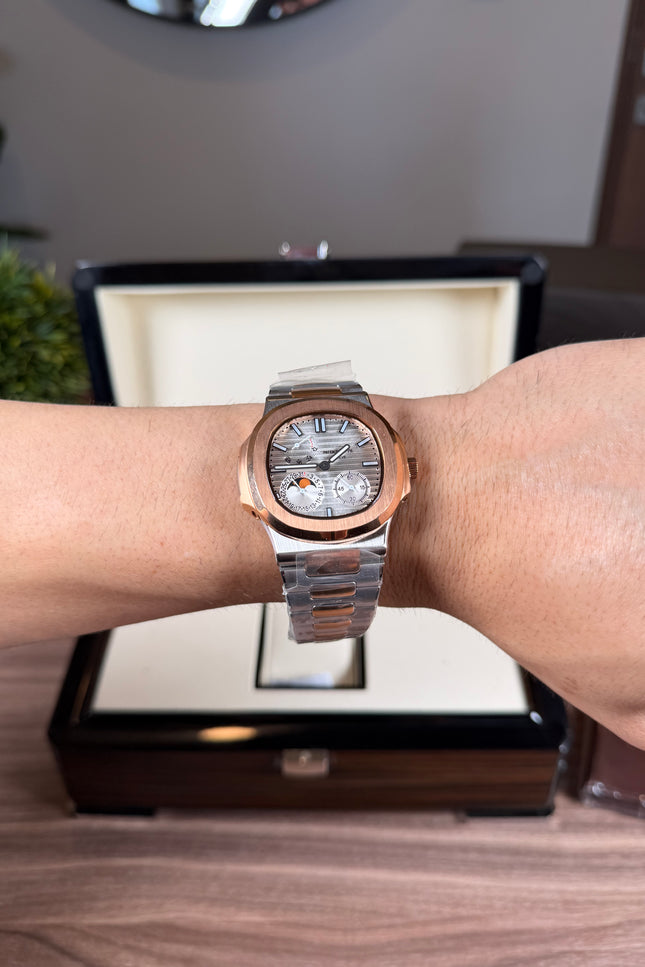 PATEK PHILIPPE NAUTILUS MOON PHASE ROSE GOLD WHITE DIAL