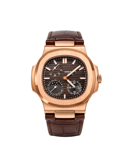 PATEK PHILIPPE NAUTILUS MOON PHASE ROSE GOLD CORREA PIEL CAFÉ