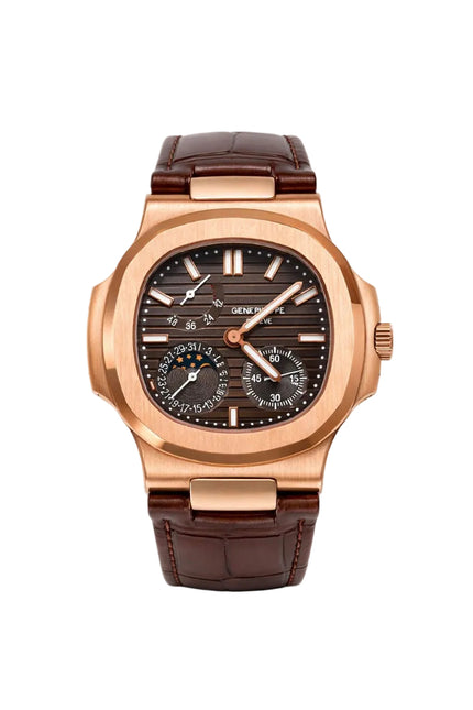 PATEK PHILIPPE NAUTILUS MOON PHASE ROSE GOLD CORREA PIEL CAFÉ