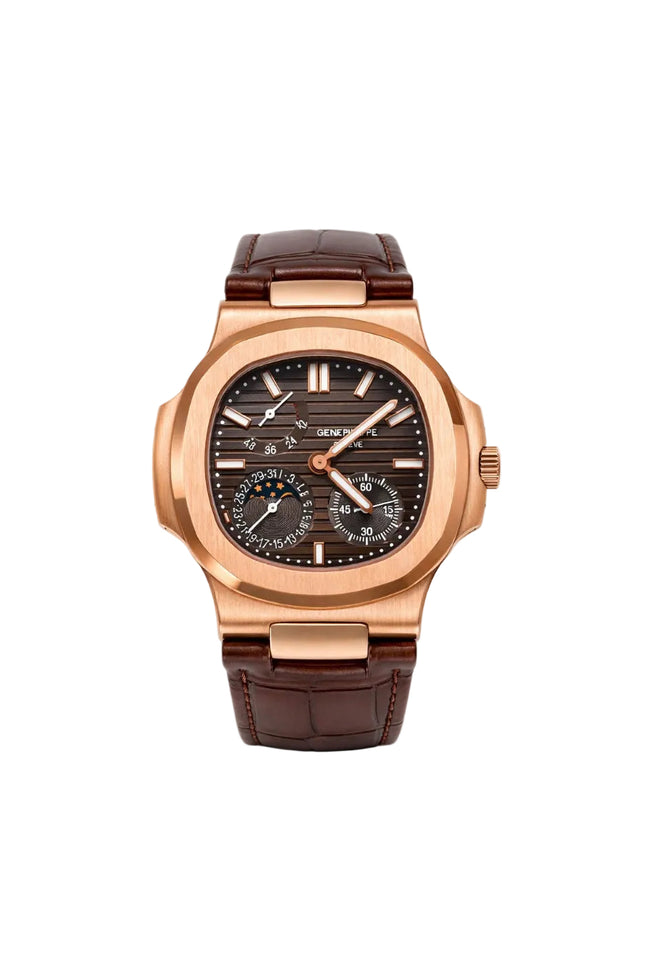 PATEK PHILIPPE NAUTILUS MOON PHASE ROSE GOLD CORREA PIEL CAFÉ