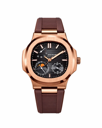 PATEK PHILIPPE NAUTILUS MOON PHASE ROSE GOLD CORREA CAUCHO CAFÉ