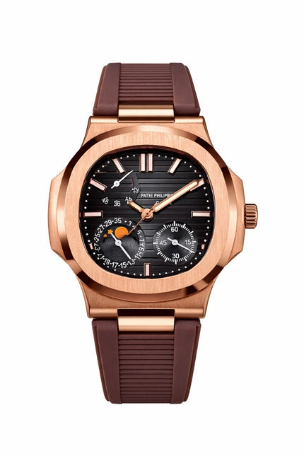 PATEK PHILIPPE NAUTILUS MOON PHASE ROSE GOLD CORREA CAUCHO CAFÉ
