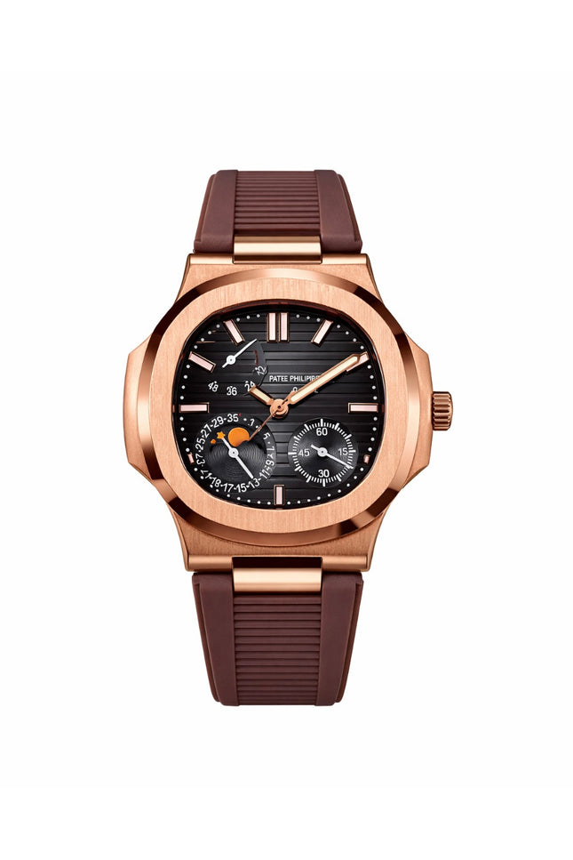 PATEK PHILIPPE NAUTILUS MOON PHASE ROSE GOLD CORREA CAUCHO CAFÉ